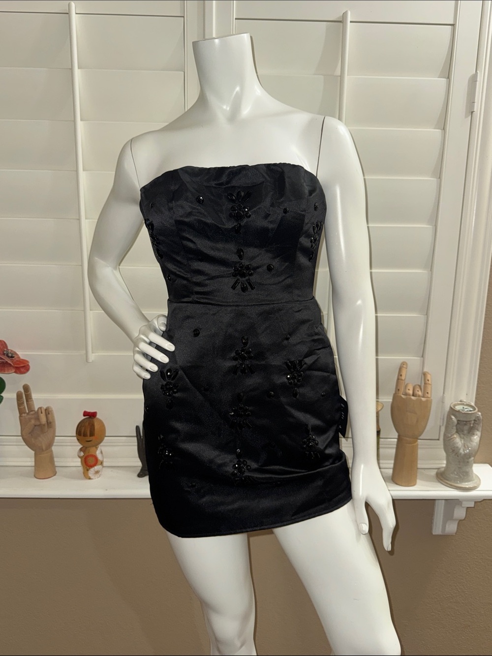 Lulus Glamorous Stunner Black Satin Beaded Strapless Mini Dress